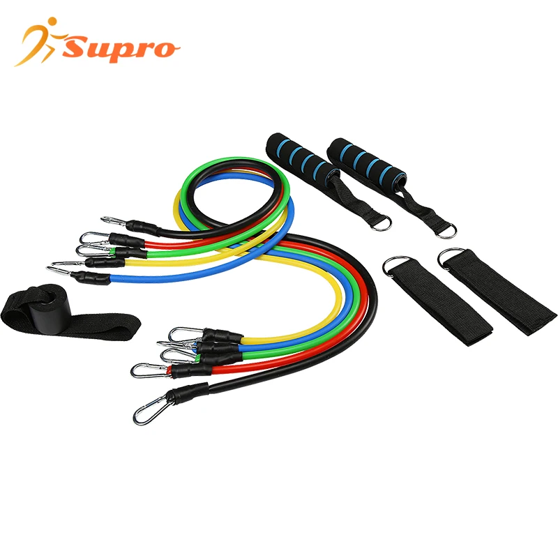 Supro Manufacture Hot Sale Custom Heavy Workout Latex Fitness 11pcs Resistance Bands Set