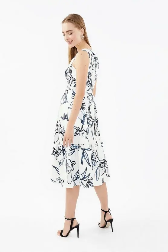 Weixin High Quality Print Nipped-In Waist Flared Skirt V Neck Twill Dirndl Hem Sleeveless Elegant Dress Women Clothing