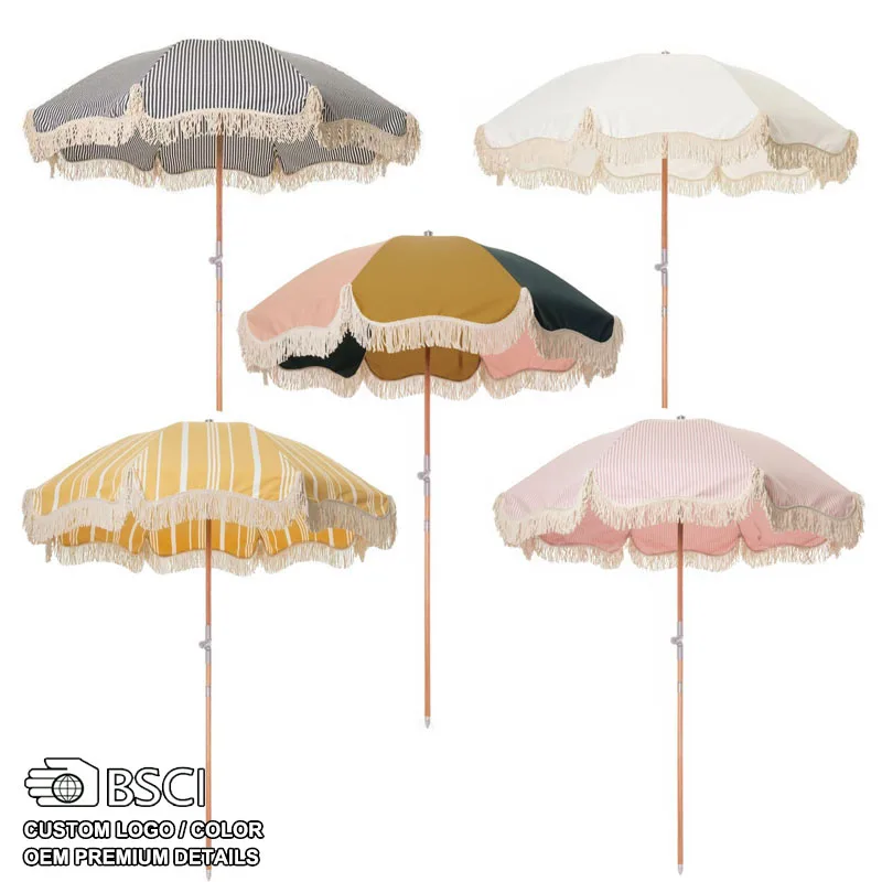 Custom Wholesale 6ft 6.5ft Outdoor Premium Fringed Travel Sun Parasol Wooden Pole Canvas RPET Garden Beach Umbrella with Tassels