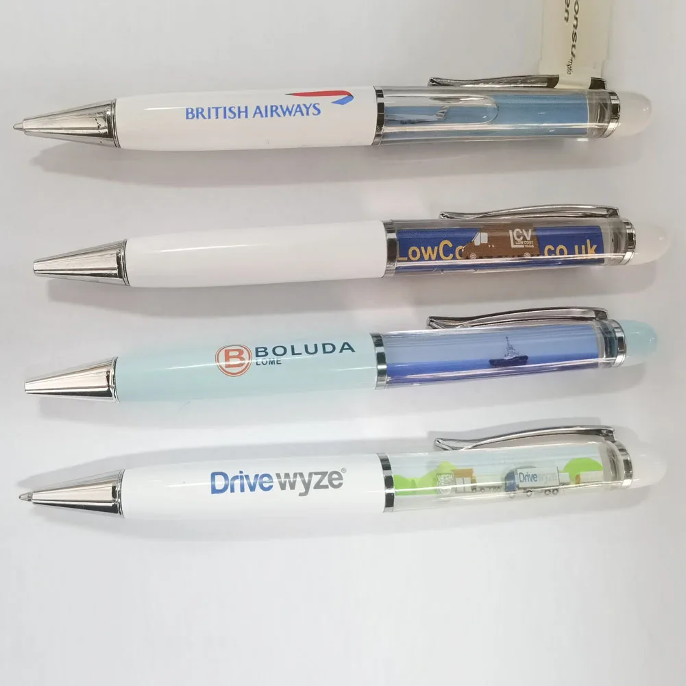 Novelty Aircraft Carrier Van Plane Vessel Floating Custom Logo Empty Upside Down Glitter Promotion Floating Pens For Branding