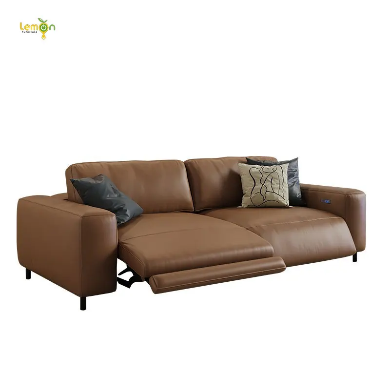 Italian light luxury retro bread lazy straight-row telescopic electric functional sofa living room elephant ear leather sofa