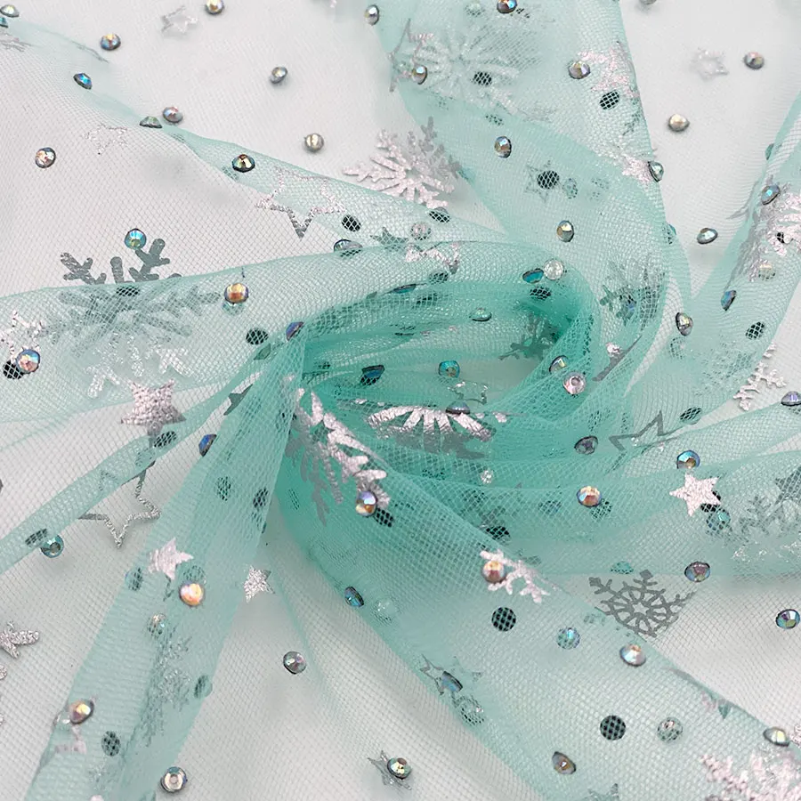 New Arrival kids elsa princess dress decorate cloth fancy glitter tulle snow printing mesh foil fabric with rhinestone