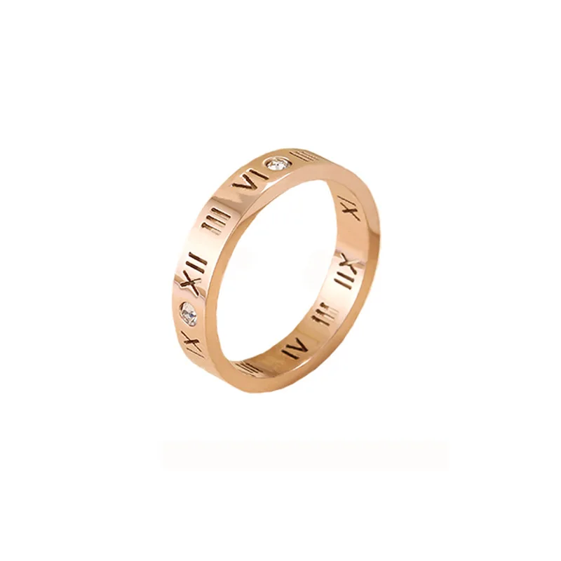 2021 Fashion Designs Couples Creative Jewelry Rose Gold 18K Roman Numerals Titanium Steel Ring With Diamonds
