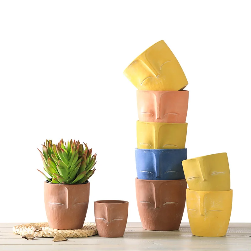 Nordic Creative Decorative Terra Cotta Pot Red Pottery Flower Pot with Sculpted Head for Home Garden and Planters