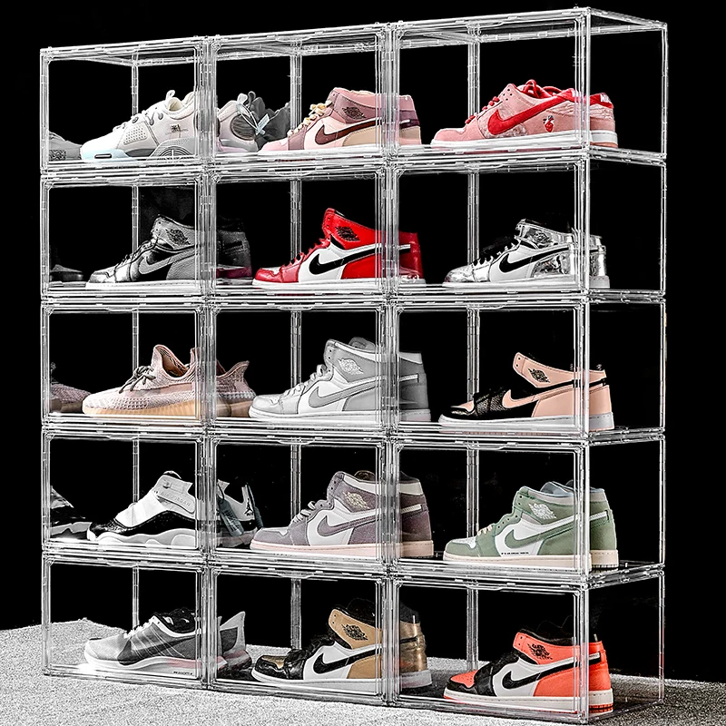 Pet plastic stackable shoe box case side drop large size shoe organizer box with magnetic door Space saving shoe holder