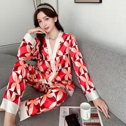 sutra tipis 2 buah bernapas lengan panjang raso lembut kotak-kotak surat pakaian santai  set piyama