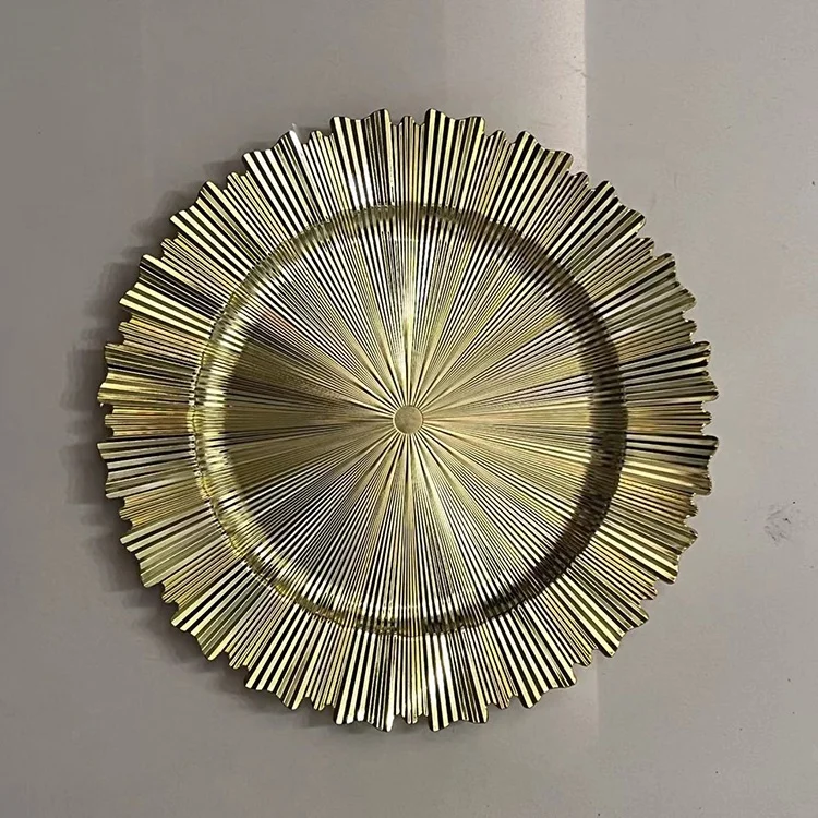 Metallic gold sunray acrylic plastic serving plates plating decoration plastic round chargers for table setting