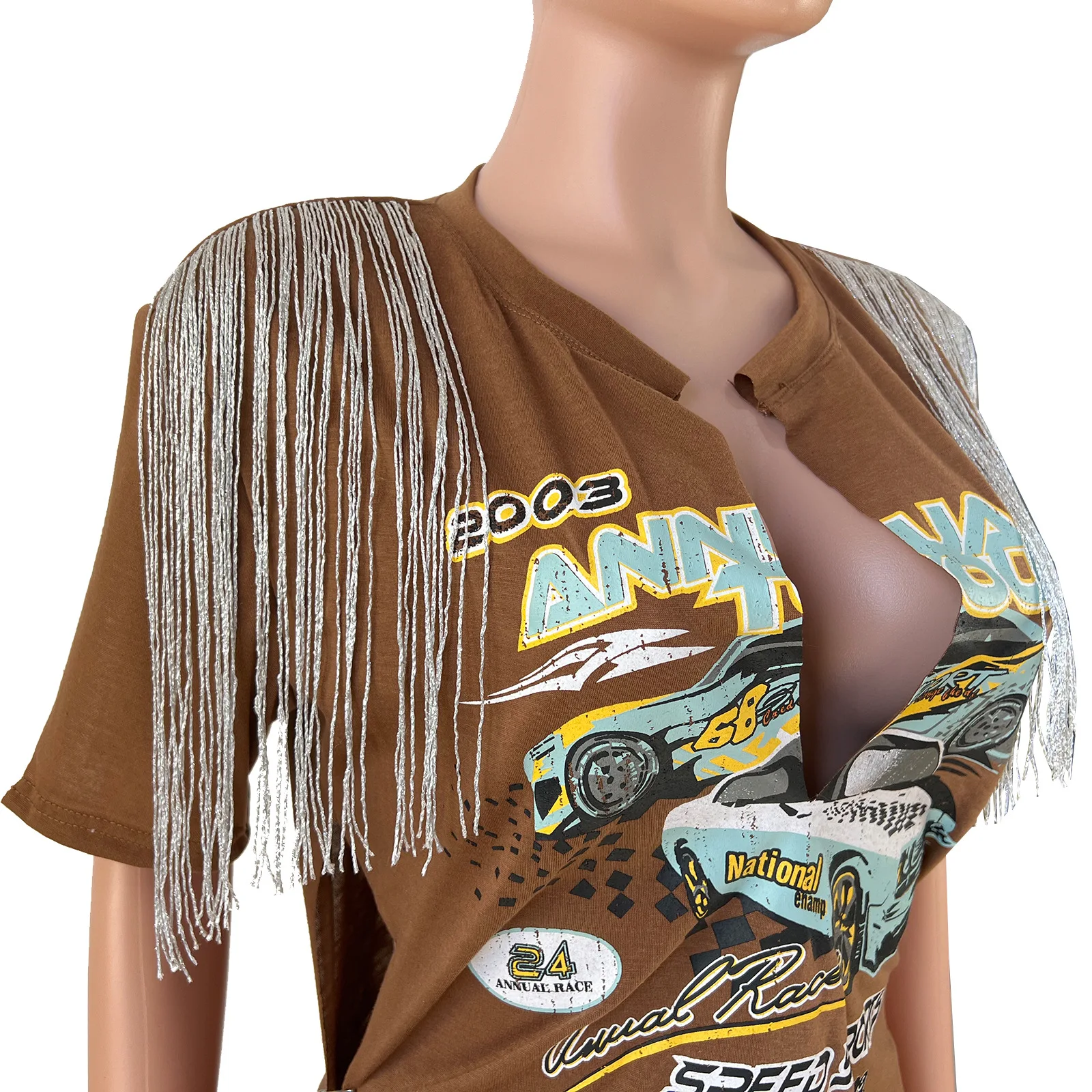 Short Sleeve Printed Design tassel split loose tops with shorts sets Hip hop Street Wear 2022 New Arrive women 2-pieces set