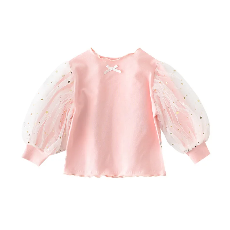 
Spring Baby Girls Tops Sequins Mesh Lantern Sleeve Girl Base Shirt White Pink Baby Clothing 