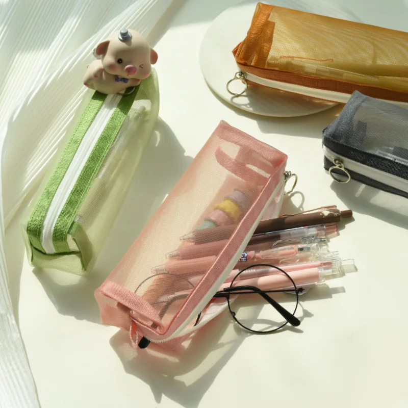 Cylinder Shaped Zipper Pencil Stationery Storage Bag Case Fresh Literature Colorful Transparent Mesh Pencil Bag