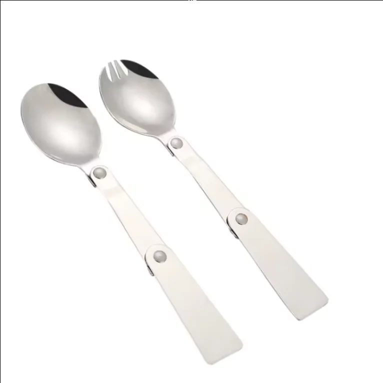 Wholesale custom small portable folding 304 stainless steel outdoor camping traveling flatware cutlery spoon salad spoons forks