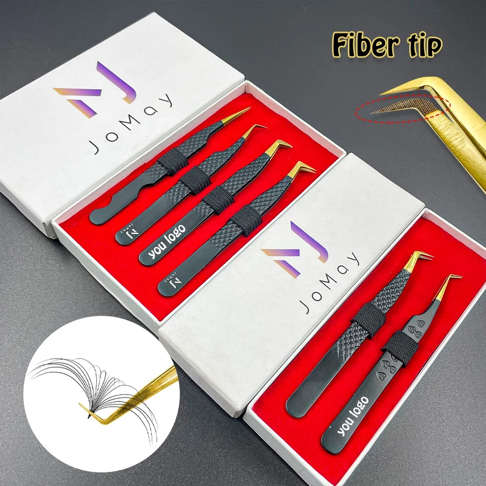Stainless Steel Eyelash Tweezers Diamond Grip Eyelash Tweezers Pink Box Packing Private Label Fiber Tip Volume Lash Tweezers