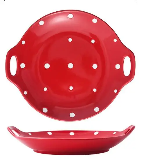 Kids Cute Dinner Microwave Food Dish Ceramic Plates Porcelain Oval Plate Wave Point Dinner Plates with Handle