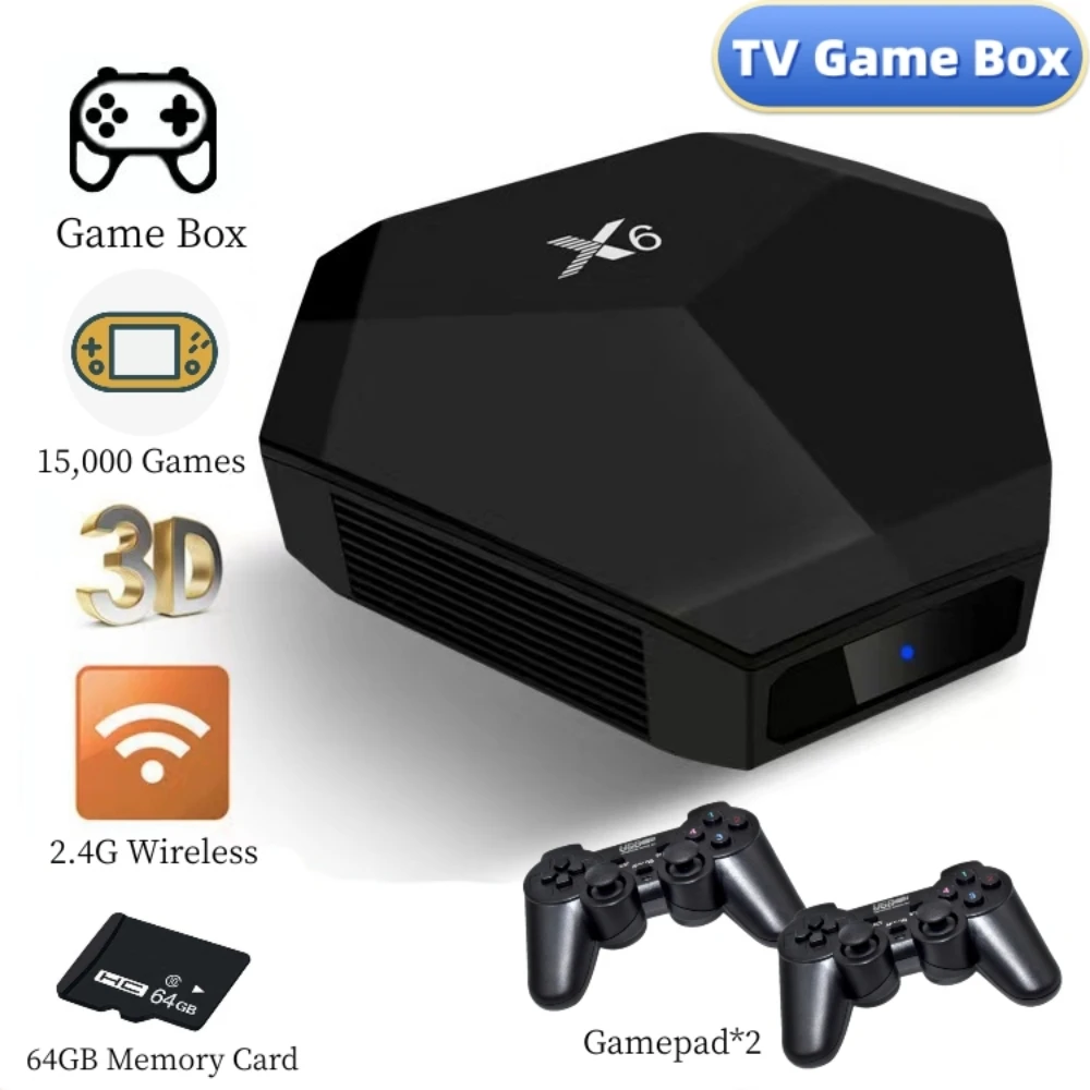 Ретро игровая консоль X6 симуляторы 64G 15000 игры установлен HD Выход 2 беспроводных контроллера загружаемый PS1 игровой подарок