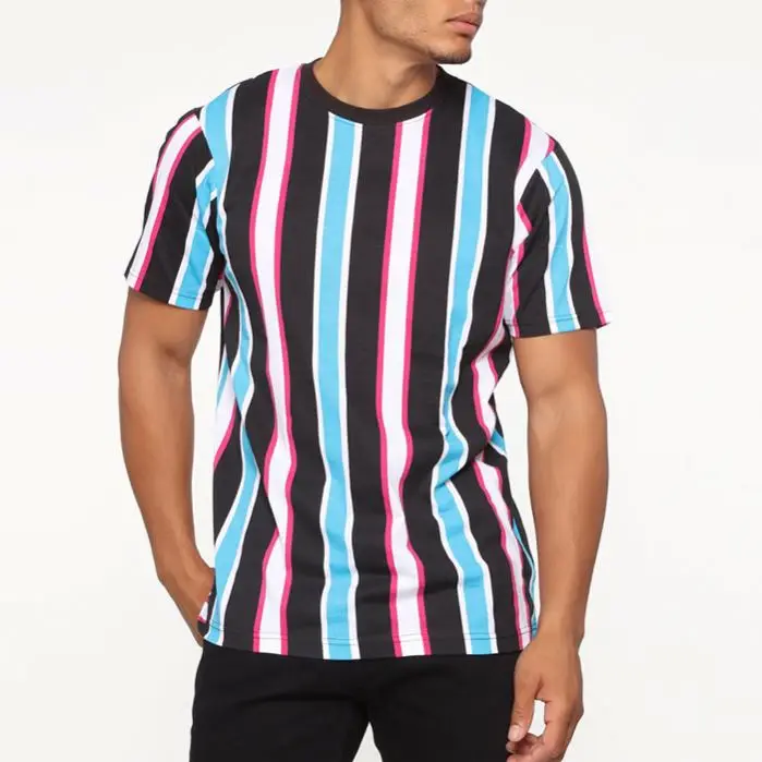 High Quality Branded Men Tshirts Cotton 100% Colorful Striped Short Sleeve Tshirt