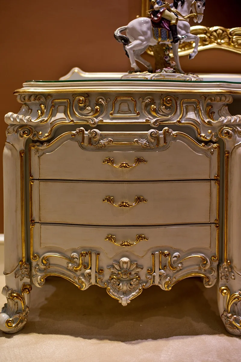 Royal luxury designs wooden french cream white rococo bedroom