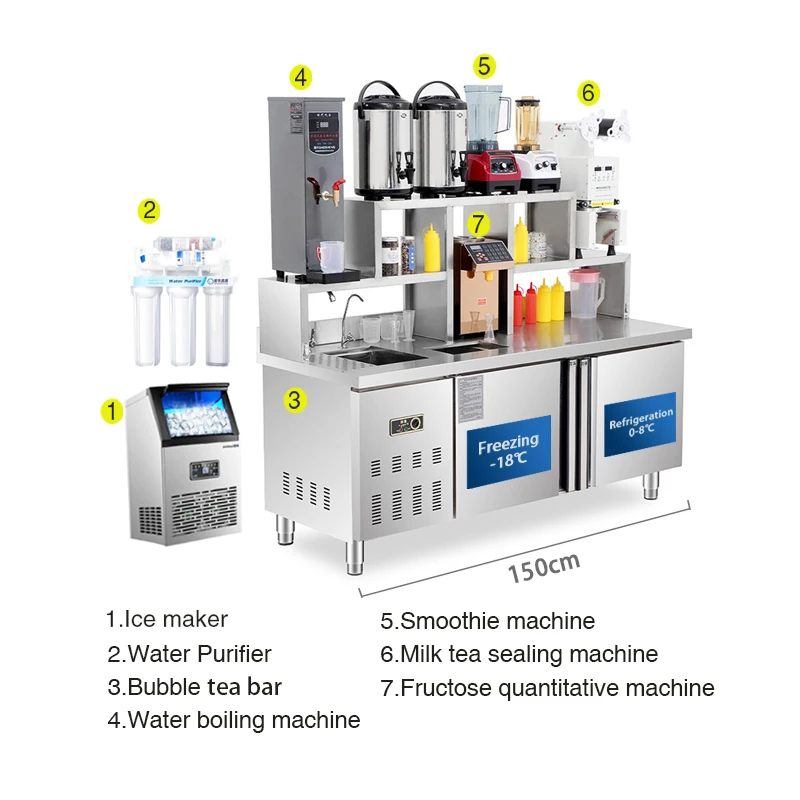 Bubble Tea Bar Counter With Refrigeration and milk tea making equipment, comptoir de bar bubble tea shaker bar