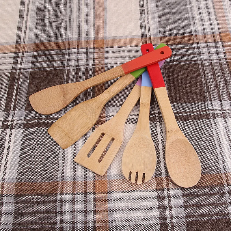 Кухонная утварь, Бамбуковая деревянная сервировочная шпатель, скребок, ложка с цветной длинной ручкой