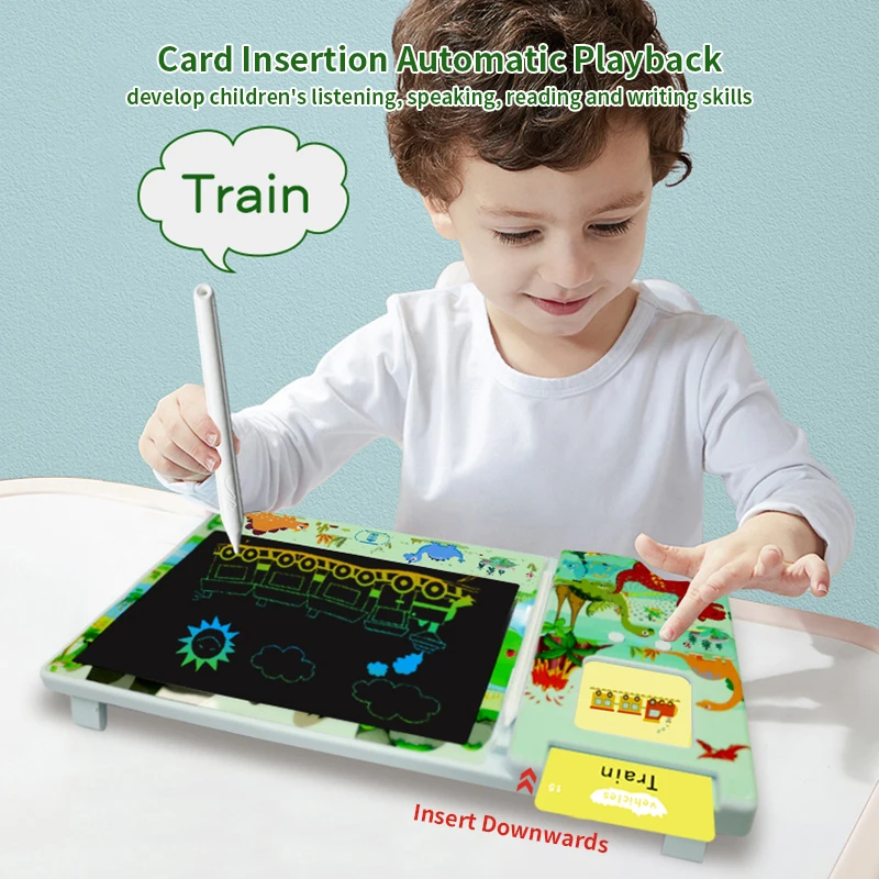 2-in-1 Montessori Educational Learning Machine LCD Writing Drawing Tablet Autism Sensory Toy English Talking Flash Cards for Kid
