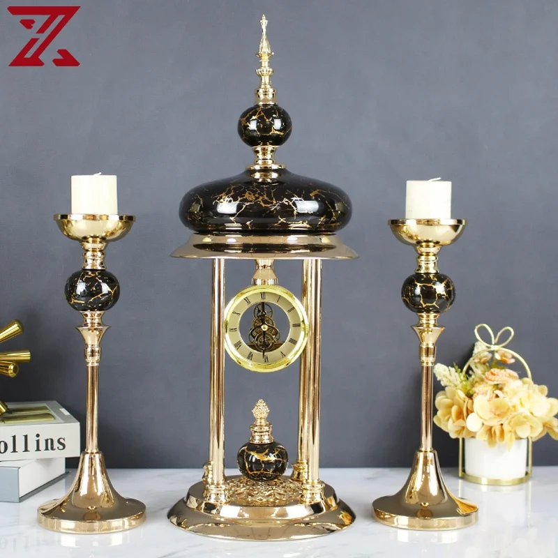 Factory Direct Classic Ceramic Clock Light Luxury Mute Table Clock Candles Holder Set For Home Decoration