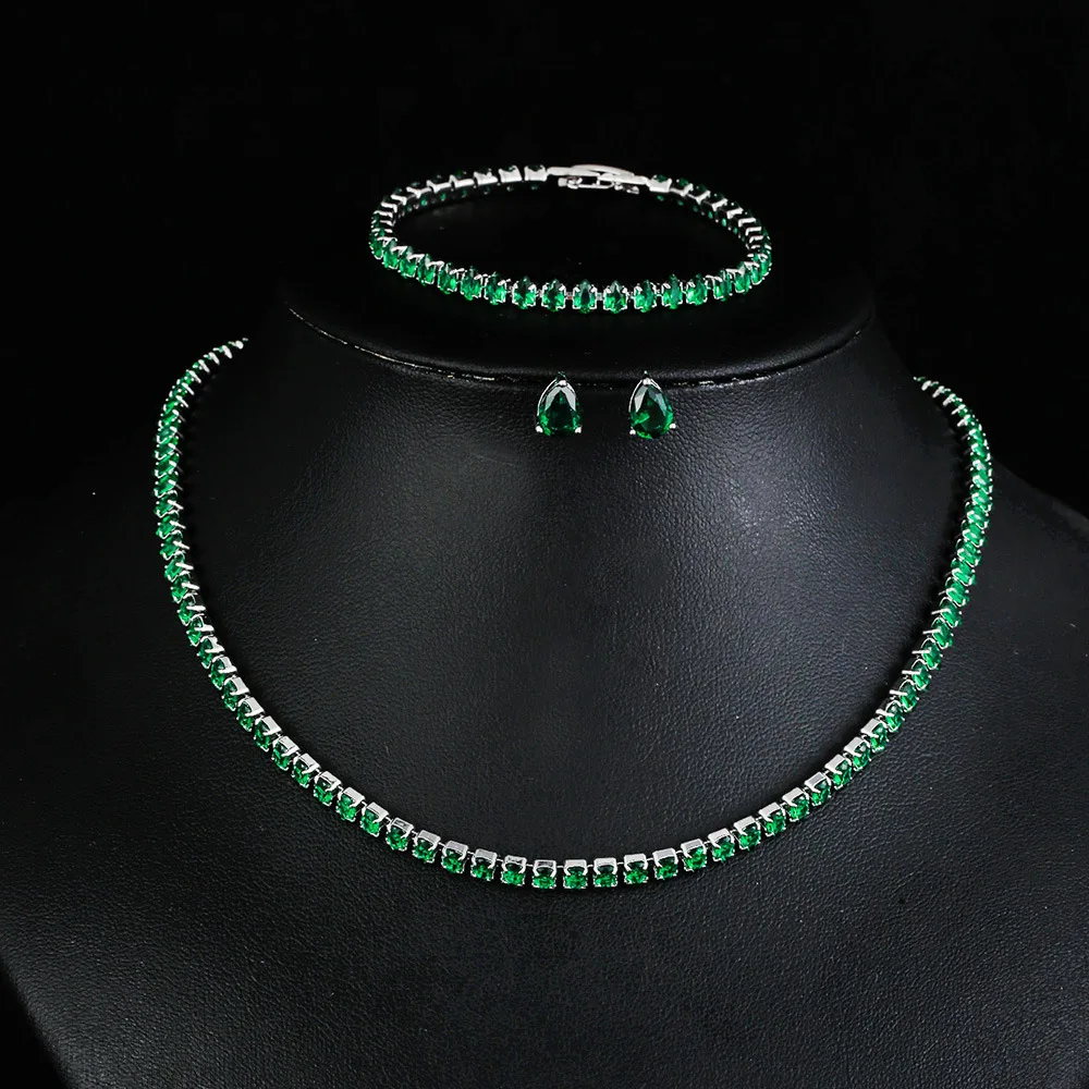 Fashion diamond inlaid zirconia necklace earrings bracelets three piece set for bride and wedding accessories