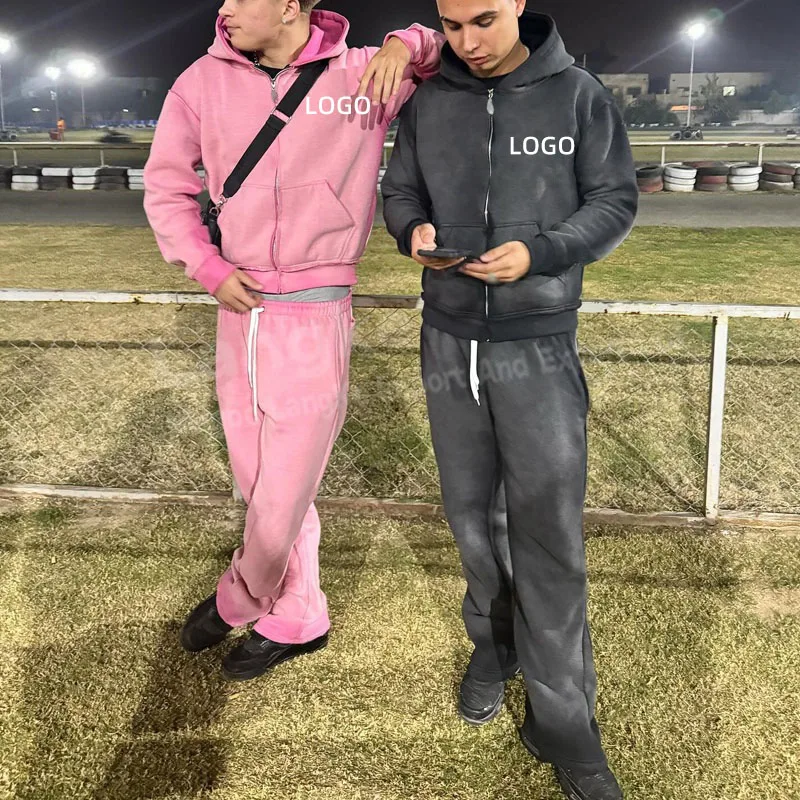 Streetwear High Quality Design Acid Wash Zip Up Baggy Blank Fleece Cotton Flared Custom Tracksuits