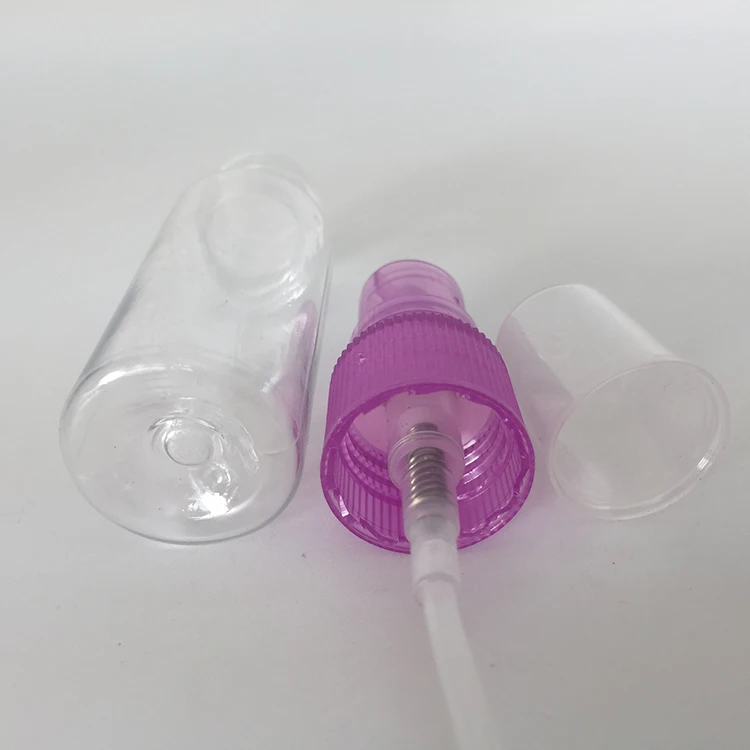 Wholesale 20ml transparent PET spray bottle with fine mist sprayer multi color lid for perfume dispenser, travel, outdoor