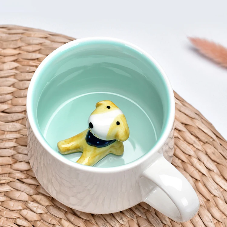 Cute Reusable Animal Decoration Inside Porcelain Cup With Handle Portable Food Grade Ceramic Animal Dog 3D Mug Cup For Drinking