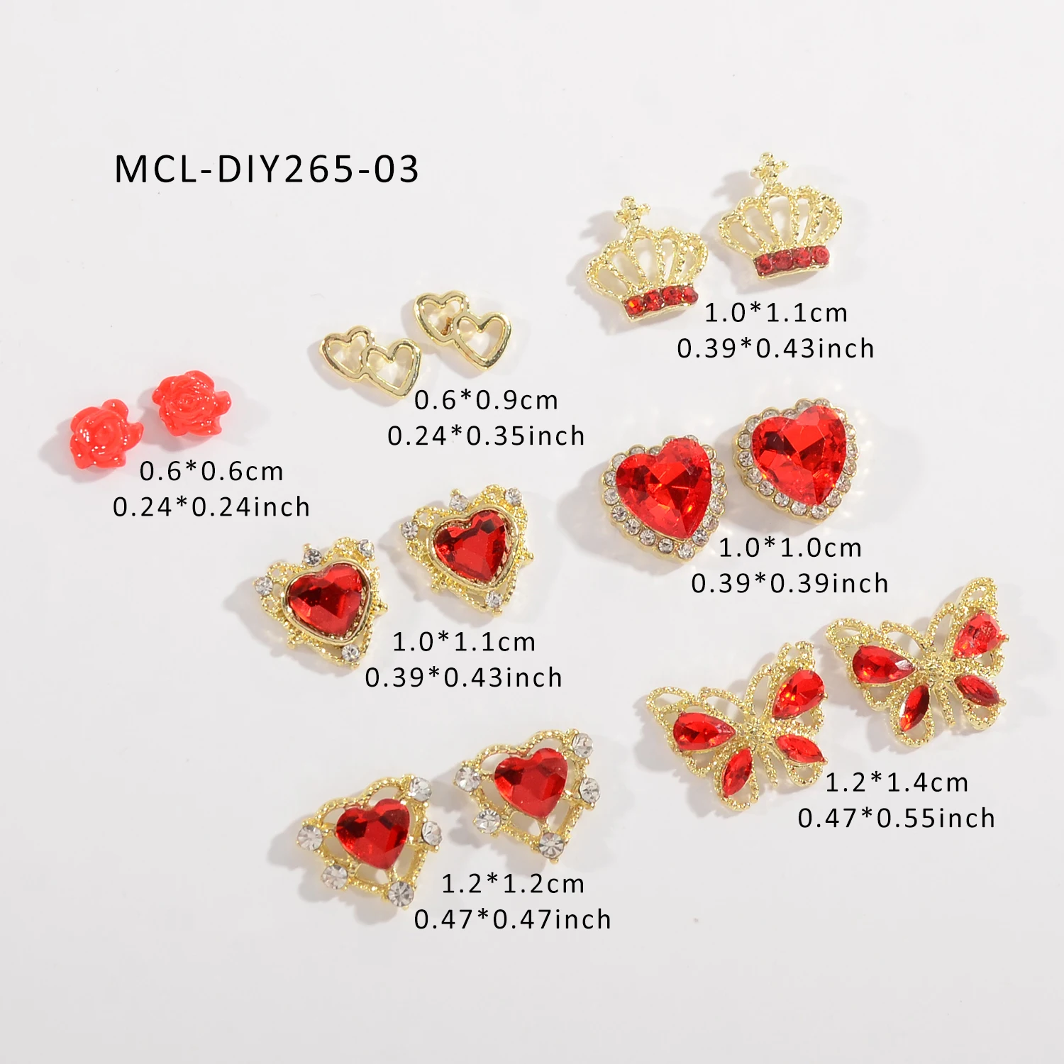 50pcs/box Nail Designs Valentine Red Series Crystal Heart Nail Art Charms Crystal Crown Nail Art Butterfly Rhinestone Bow Charm