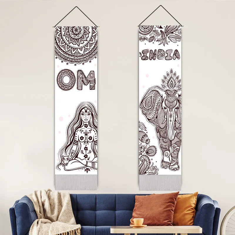 Custom Indian Hippie Elephant Yoga Meditation Goddess Long Tapestry Vertical Wall Hanging with Tassel