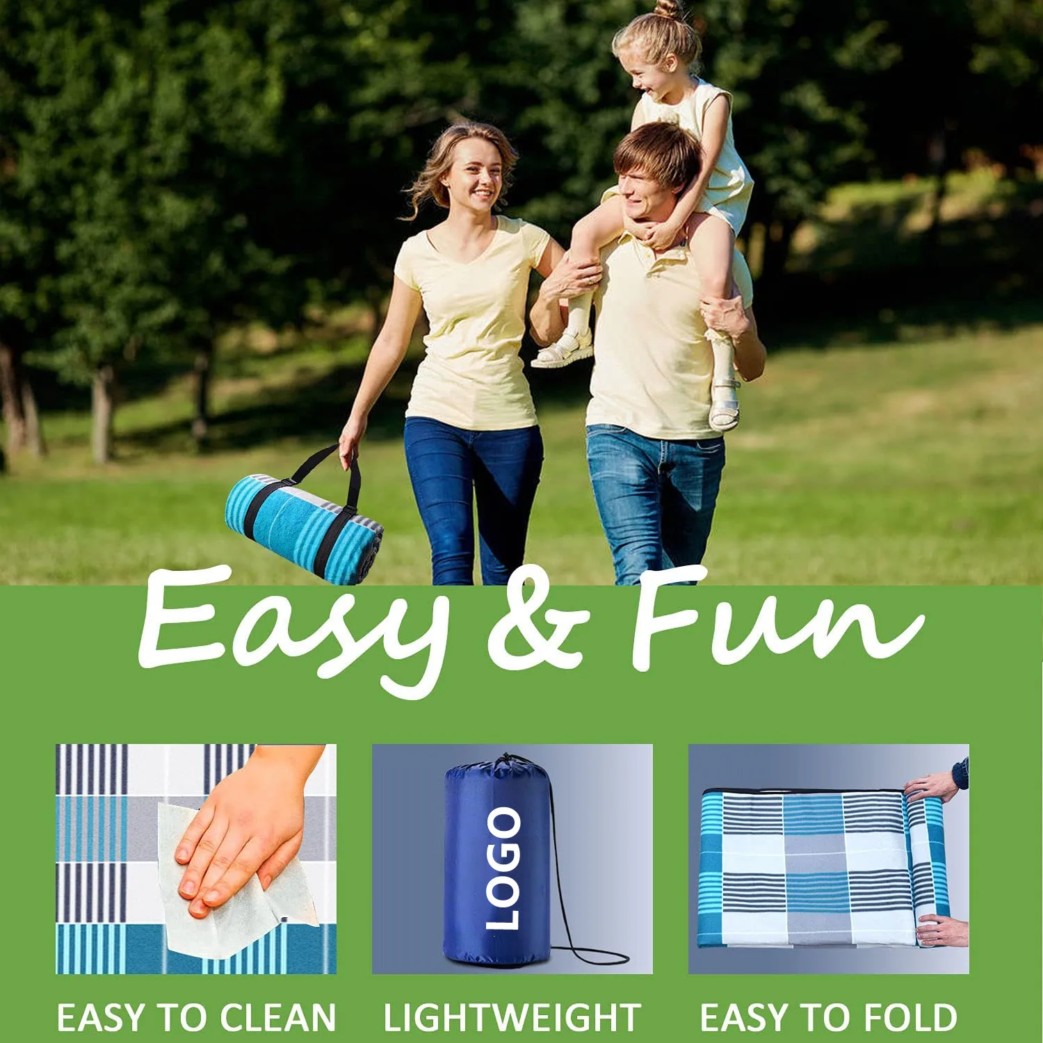 Extra Large Portable 3 Layers Material Outdoor Picnic Blanket Playing Mat with Waterproof Backing for Camping Beach Park Family