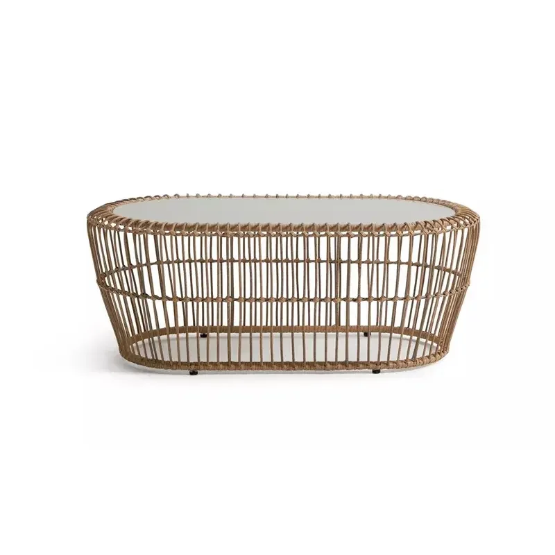 Modern luxury restaurant outdoor dining garden furniture braided rope rattan ratan wood color coffee table