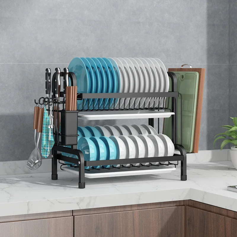 Kitchen Dinnerware Storage Rack Rust Proof Dish Drying Rack and Drainboard Set with Removable Cutlery Holder