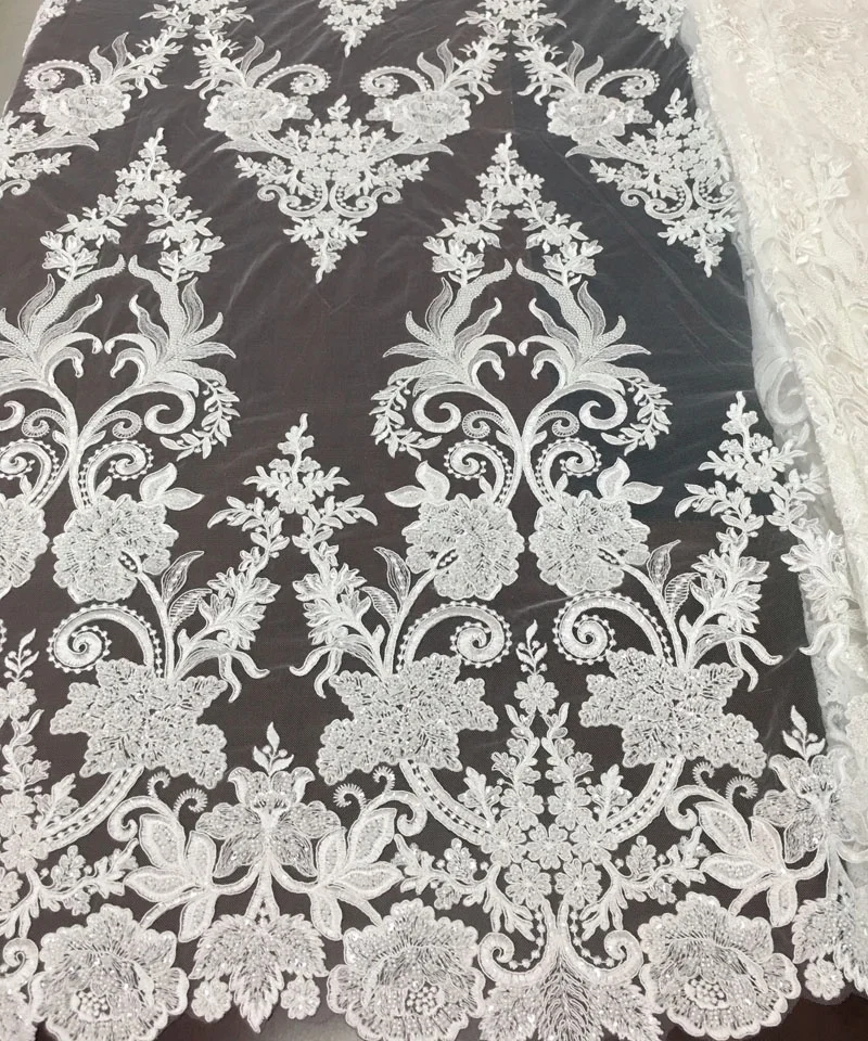 high quality machine beaded embroidered bridal lace fabric luxury embroidery beads sequins dress fabric