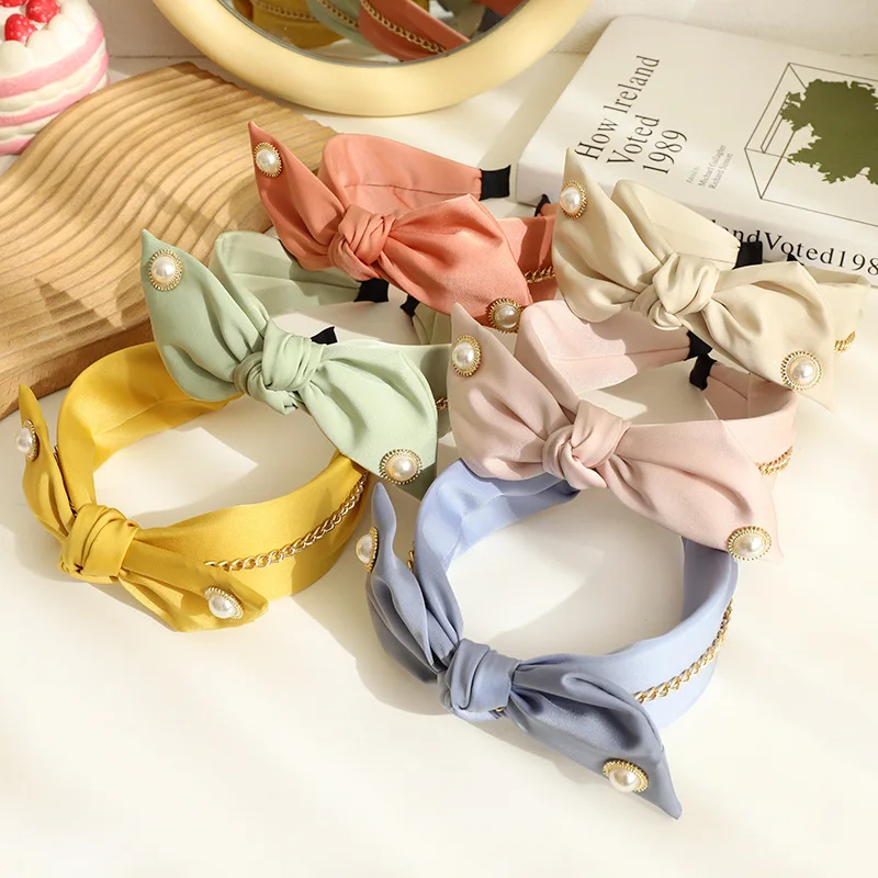 
New Accessories Pure Color Wide Side Chain Headdress Inlaid Chain Pearl Butterfly Women Headband 