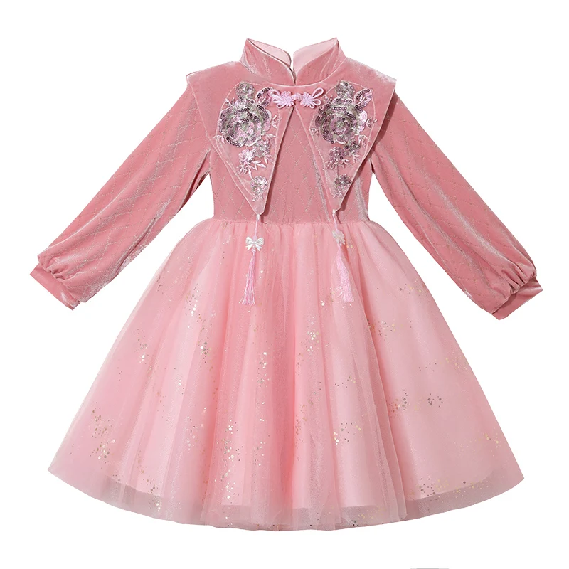 New Arrive Embroidery Sequined Floral Winter Brushed Long Sleeve girl princess dress For Birthday