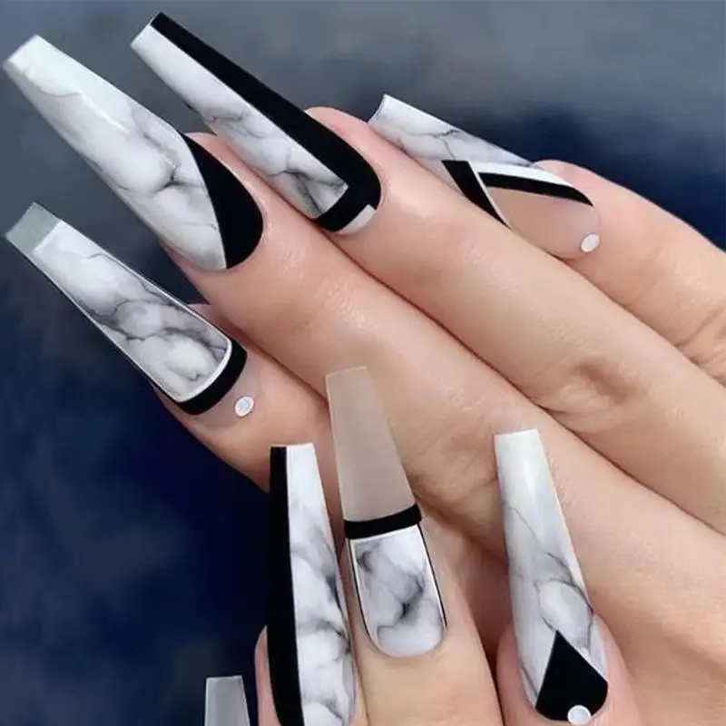 MU Long Stick On Acrylic Artificial False Nails coffin gold powder Nails black matte Press On Nails with butterfly