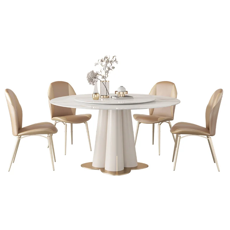 New Modern Home Furniture Stainless Steel Titanium Sealed Glazed Stone Plate Round Marble Table Top Leather Chair Set