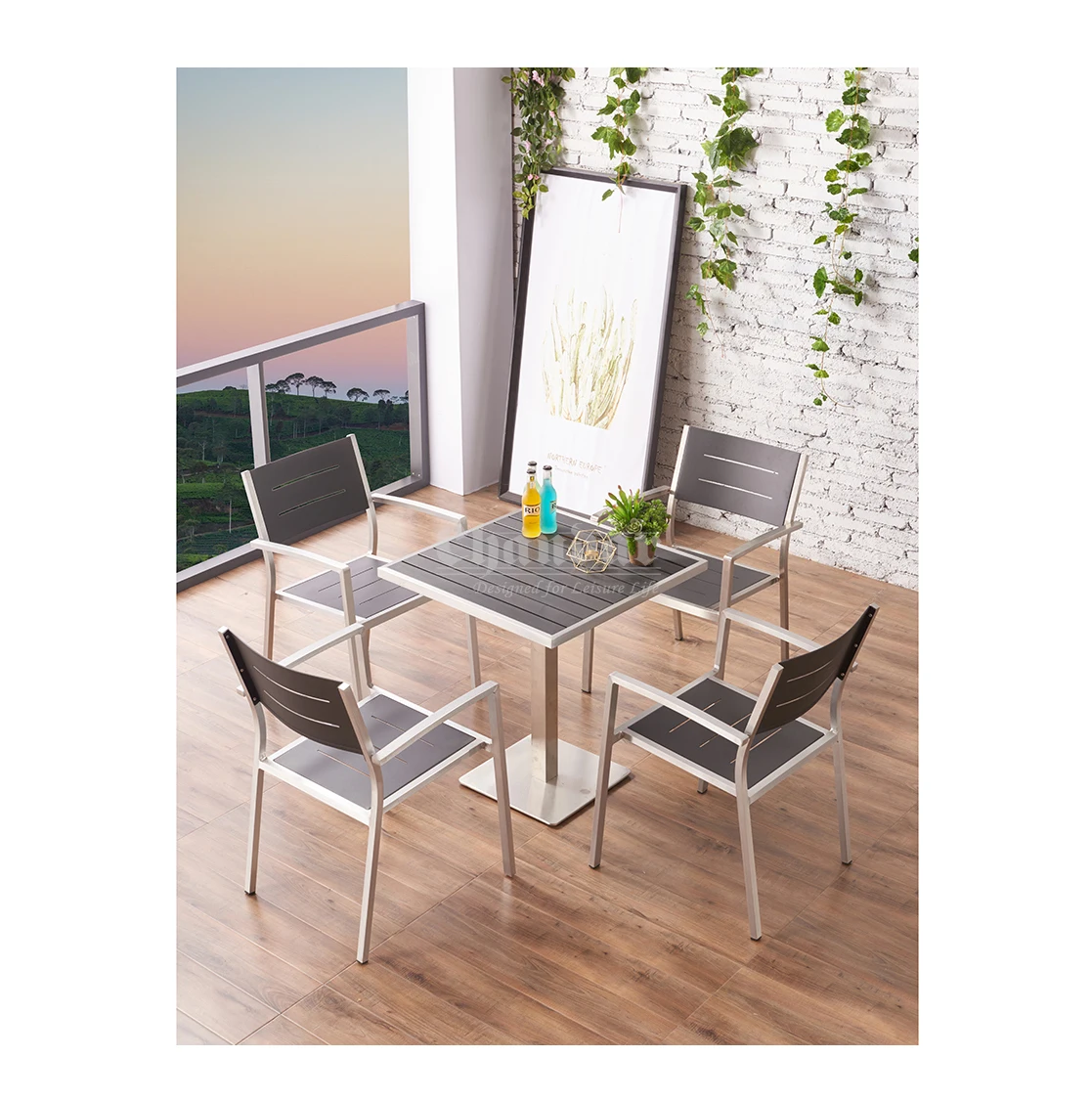 UV-Proof Robust Stable KD Structure All-Weather Wood Table Top Metal Patio Stable 304 Grade Stainless Steel Outdoor Dining Table