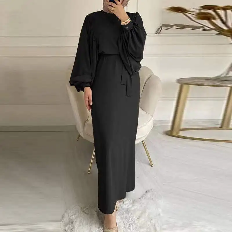 Fashion Solid Color Muslim Dress Dubai Turkey Casual Long Sleeves Dresses Women Islamic Robe Abaya Dress