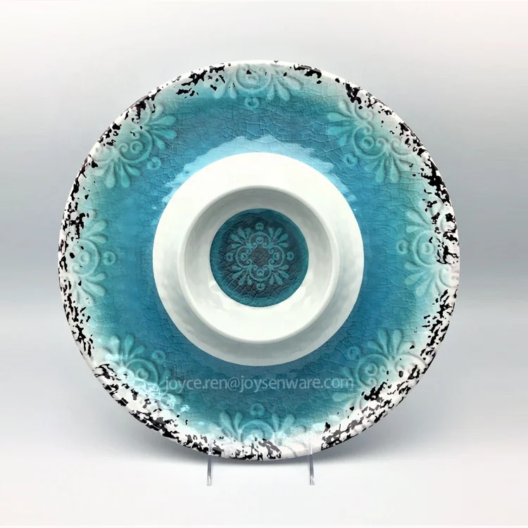 
Multi Function Plastic embossed rustic round chip dip tray 