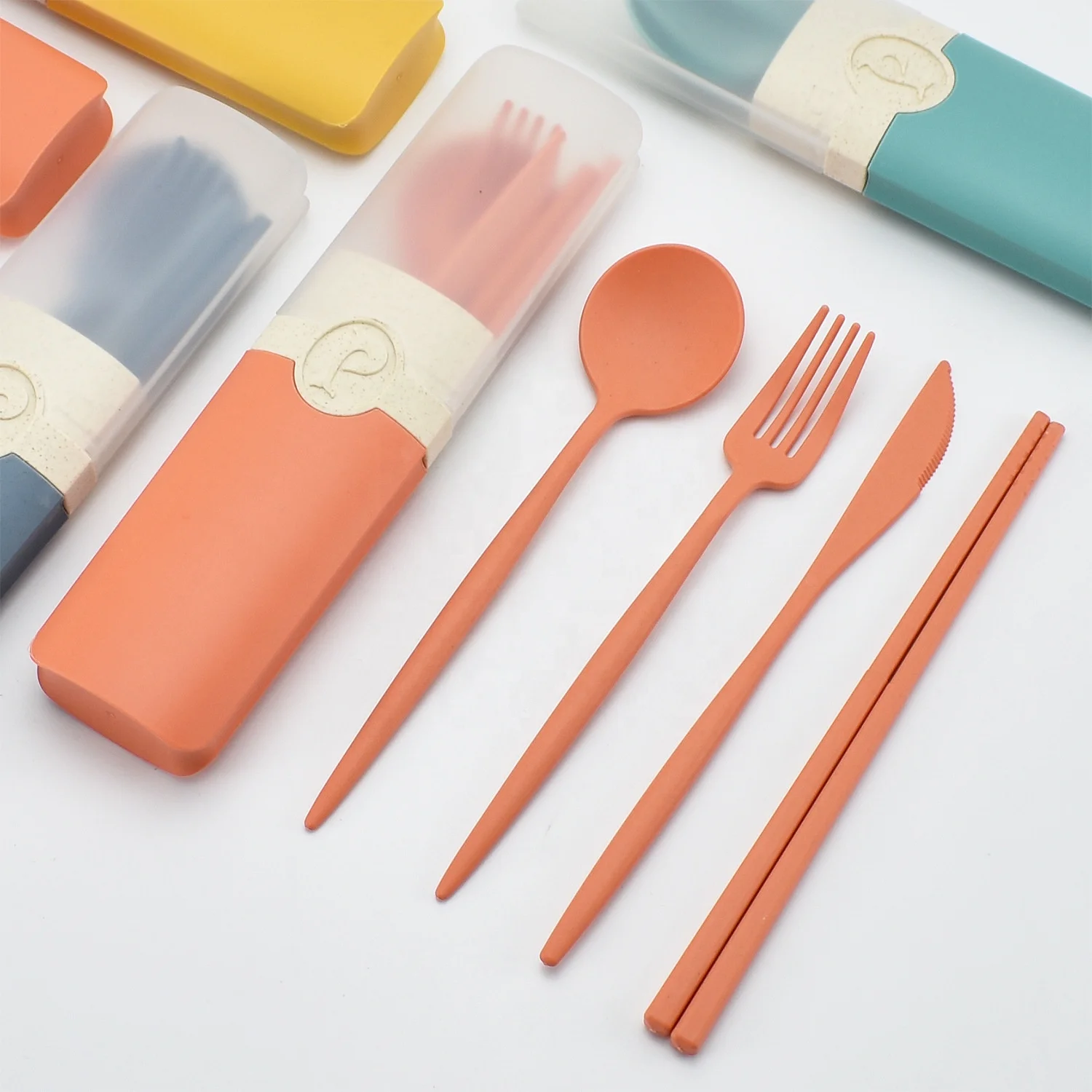 Portable Travel Korean 5pc Color Handle Spoon Fork Knife Set Chopsticks Cutlery Dinnerware Set With Picnic Case