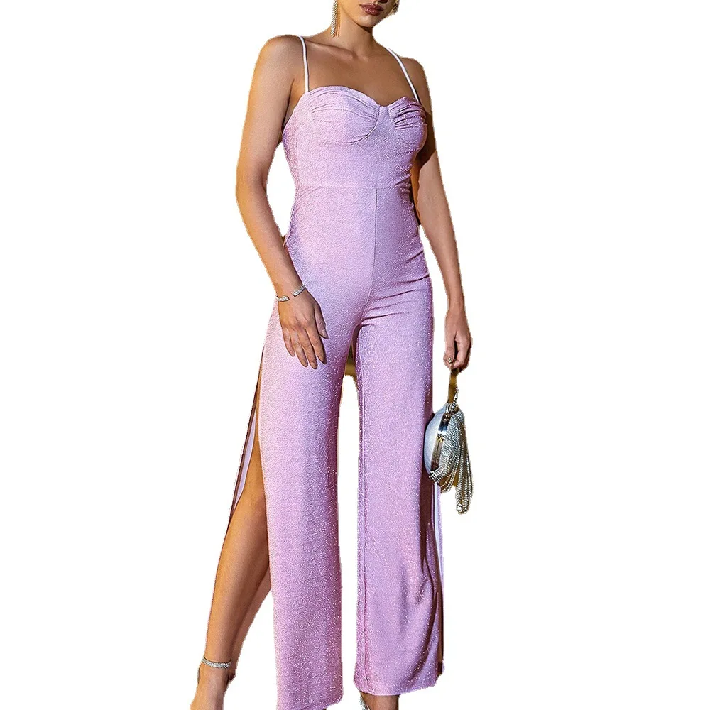 Spring New Solid Color V-neck Sleeveless Lace-up High Waist Women Jumpsuit Loose Wide Leg Women Jumpsuit