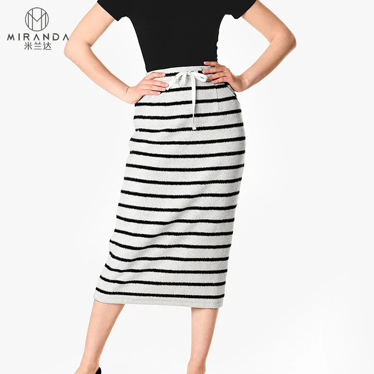 summer elegant drawstring striped midi women pencil skirts