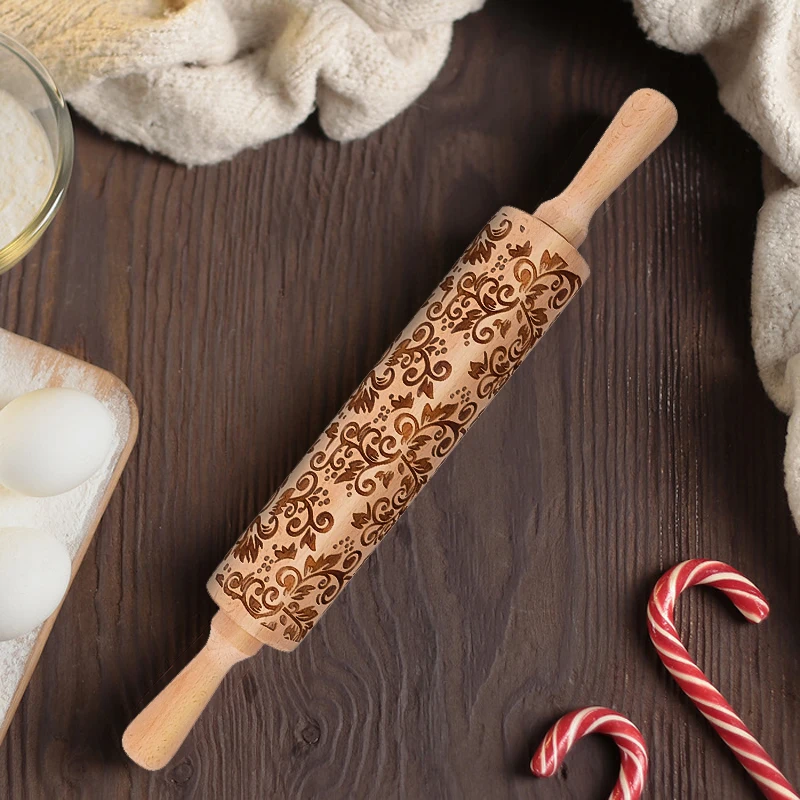 New Product Ideas Patterned Embossing Beech Wood Cookies Rolling Pin Wooden with Popular Price