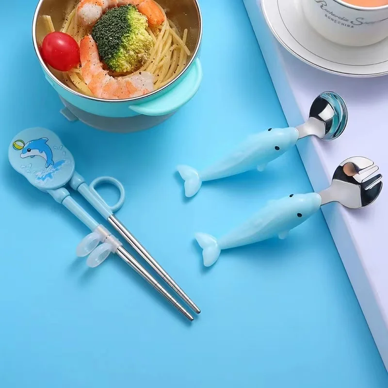 new Design Stainless Steel Children Flatware Dolphin Shape Cute Cartoon Spoon Fork Chopsticks with Silicone Handle 4 pcs set