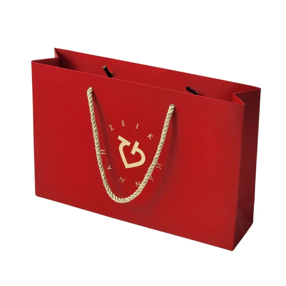 Luxury Gold Hot Stamping Red Paper Business Shopping Gift Bag with Custom Logo Printing