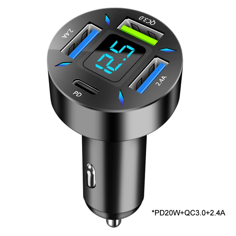 CJ712 Custom Logo Car Battery Voltage Detection Digital Display 4 USB Ports Super Charge Fast Charging PD QC3.0 USB Car Charger