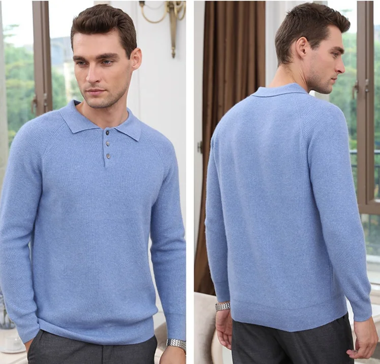 Fashion style polo neck button classic business men sweater wholesale price cashmere jumper men