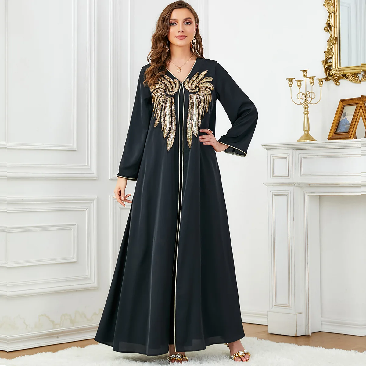 Middle East Muslim Sequin Dresses Women Lady Elegant Party Evening Applique Two Piece Arab Beaded Black Abaya Dubai